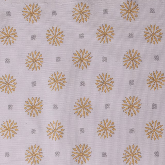 Pale cotton print with soft yellow daisy motifs and small grey accents