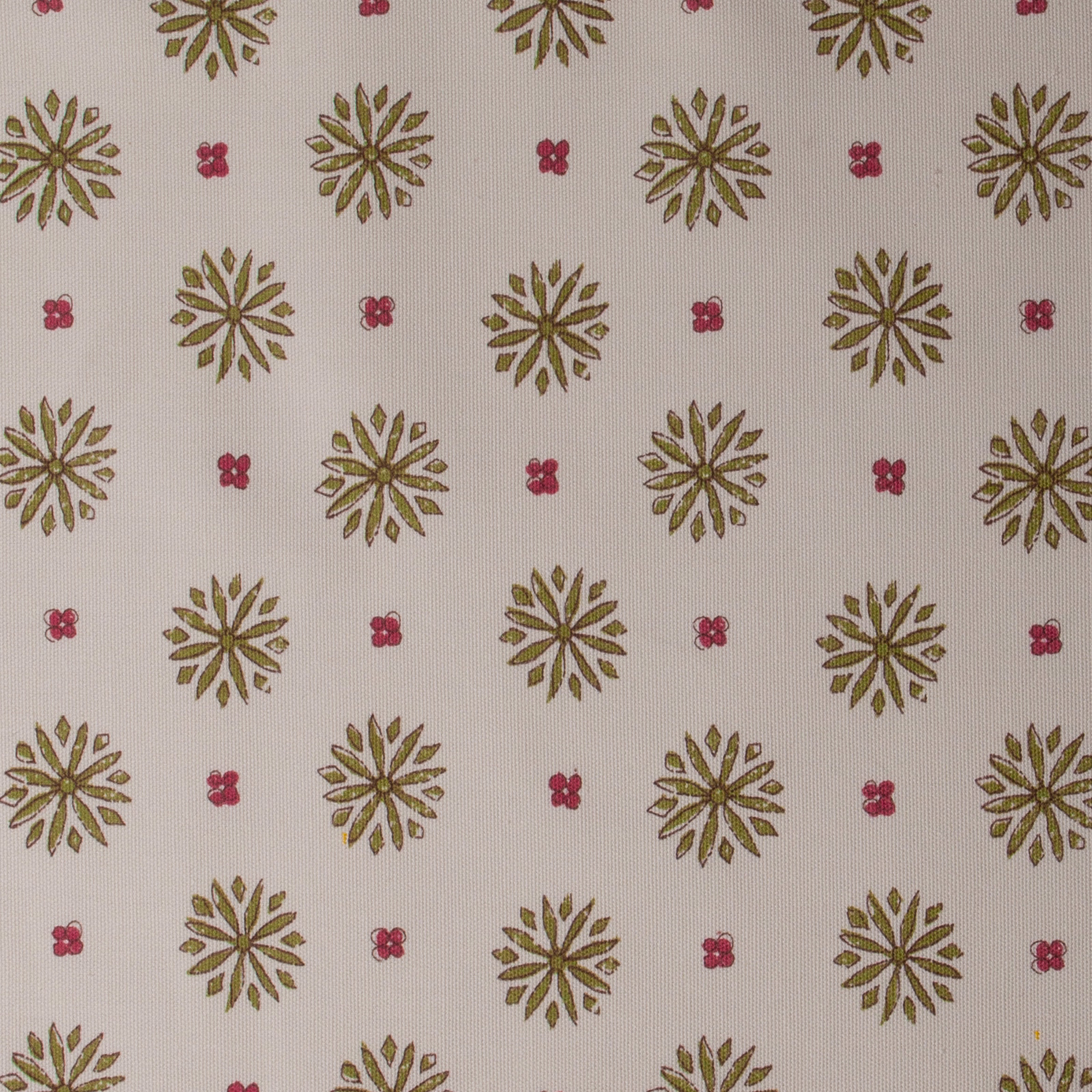 Cream cotton print with small olive daisy motifs and pink dot accents