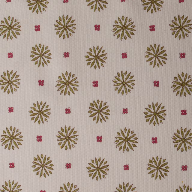 Cream cotton print with small olive daisy motifs and pink dot accents