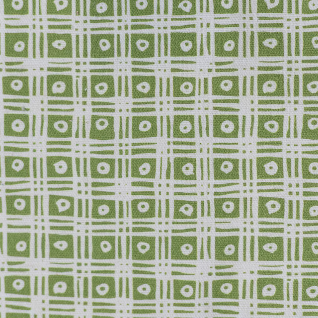 Green and white small-scale geometric check fabric with square motifs