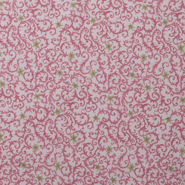 Pink scrolling damask cotton print with pale green star accents