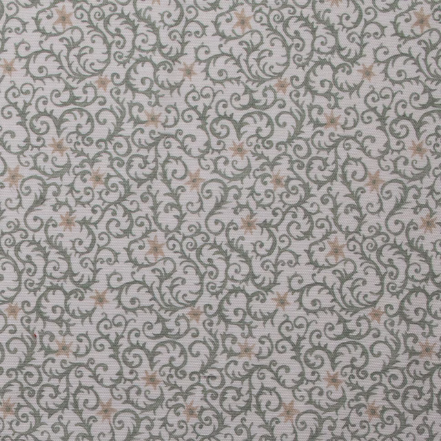 Smoke grey scrolling damask print on a pale cotton ground with beige accents
