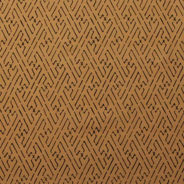 Buff beige fabric with dark linear trellis print in a repeating geometric pattern