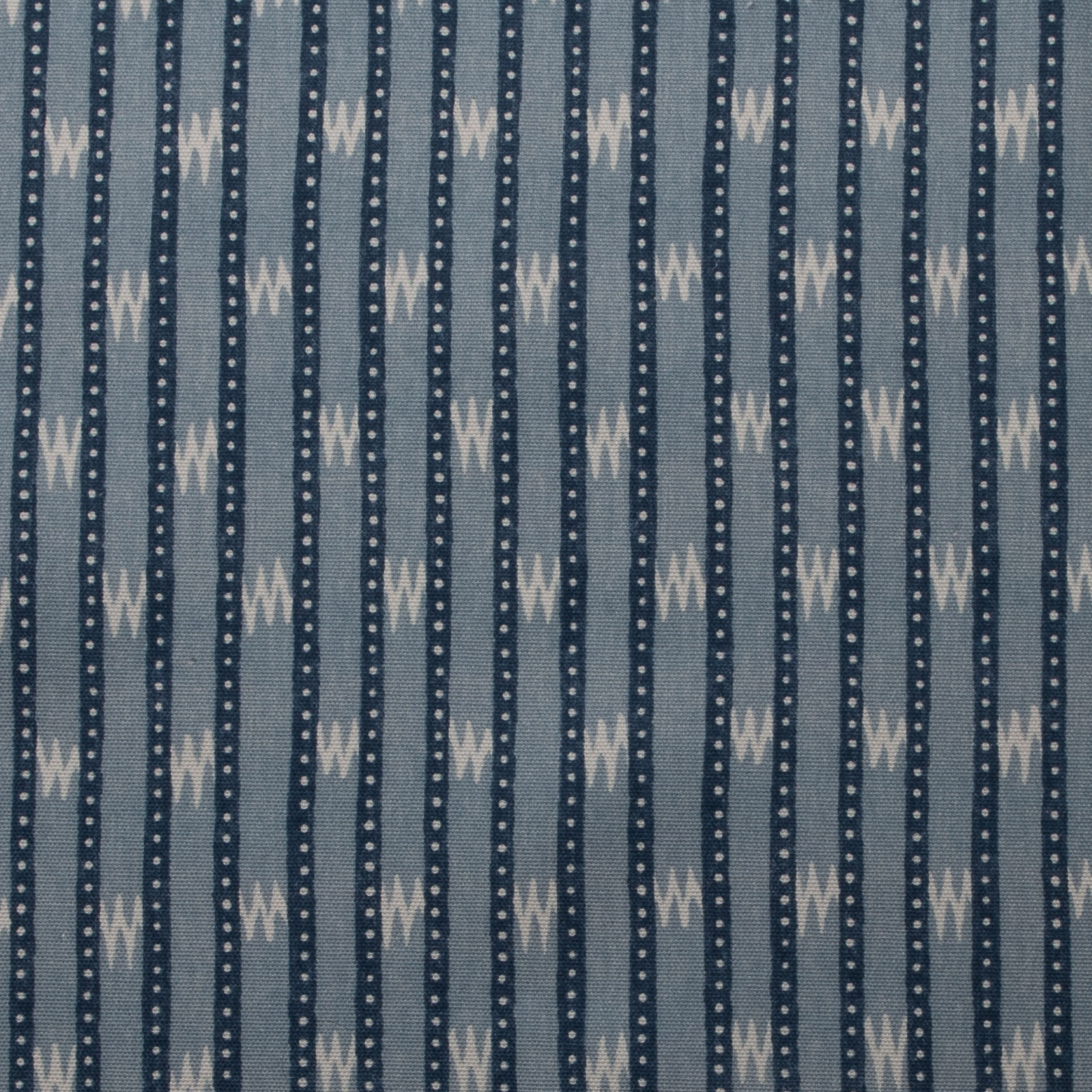 Blue striped cotton print with zig zag motifs and dotted navy bands