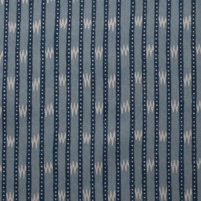 Blue striped cotton print with zig zag motifs and dotted navy bands
