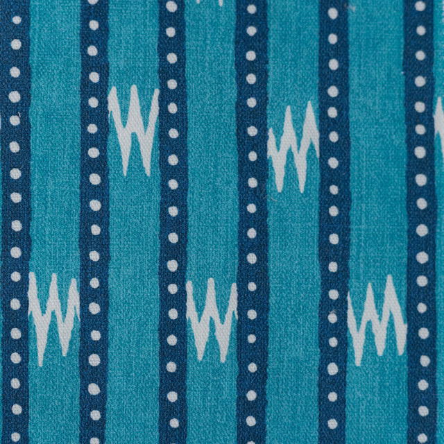 Turquoise and navy striped cotton print with white dots and zigzags