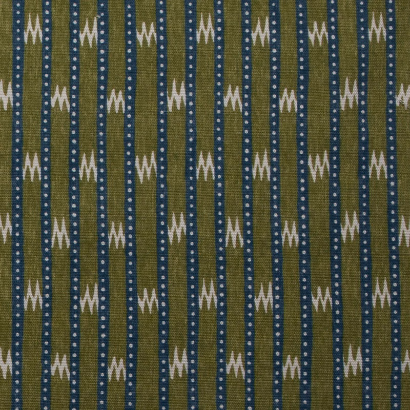 Olive green cotton print with navy stripes, white dots and ivory zigzags