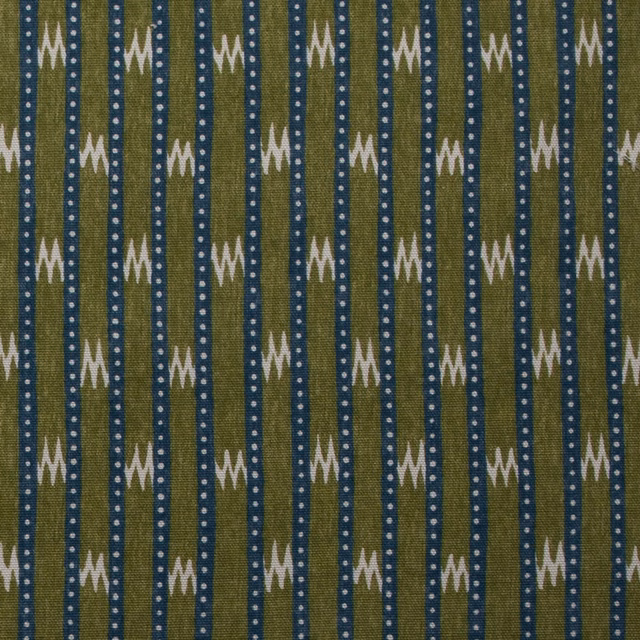 Olive green cotton print with navy stripes, white dots and ivory zigzags