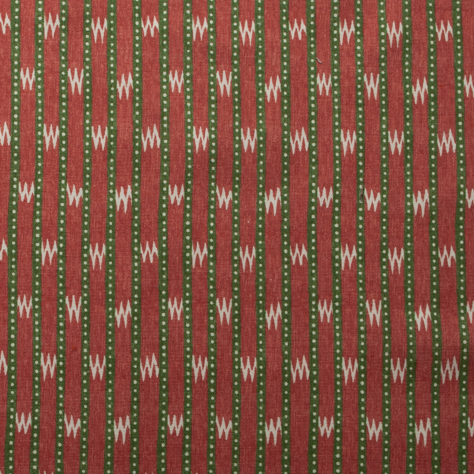 Printed cotton swatch with coral and olive vertical zigzag stripes