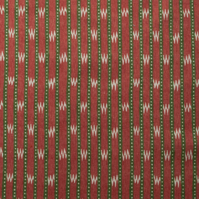 Printed cotton swatch with coral and olive vertical zigzag stripes
