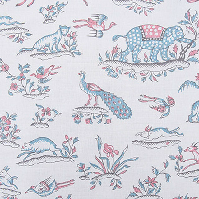 Printed safari fabric with aqua and pink animals on a pale ground