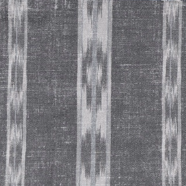 Charcoal grey ikat stripe fabric with vertical pale grey bands and textured weave