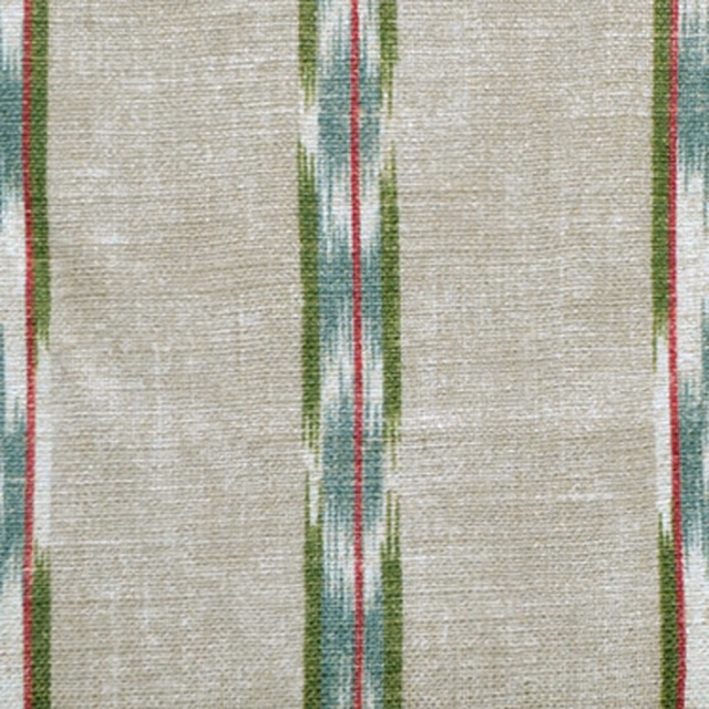 Vertical chartreuse, rose and teal ikat stripes on a pale woven ground