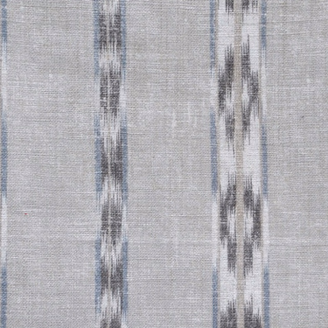 Pale oatmeal-grey fabric with blurred vertical ikat stripes in charcoal and soft grey