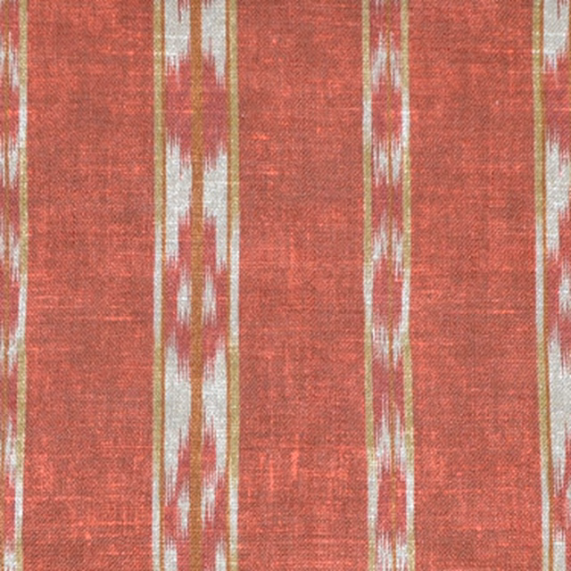 Paprika red woven stripe fabric with ochre and off-white ikat marks