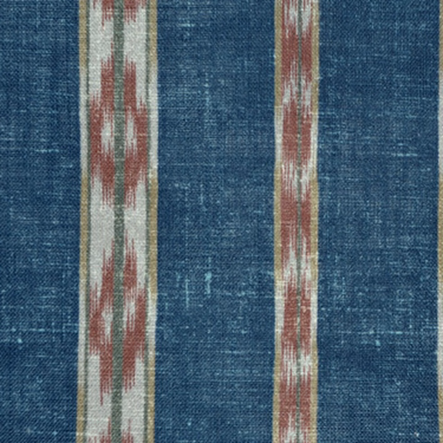 Turquoise ikat stripe fabric with cream bands and red-pink markings