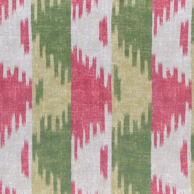 Ikat stripe fabric with chartreuse green, rose pink and ivory vertical bands