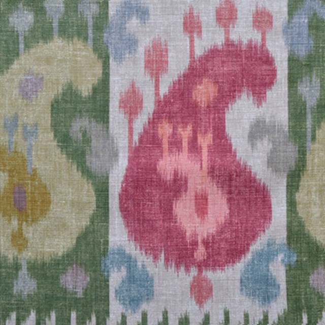 Chartreuse and rose ikat swatch with large boteh motifs and woven texture