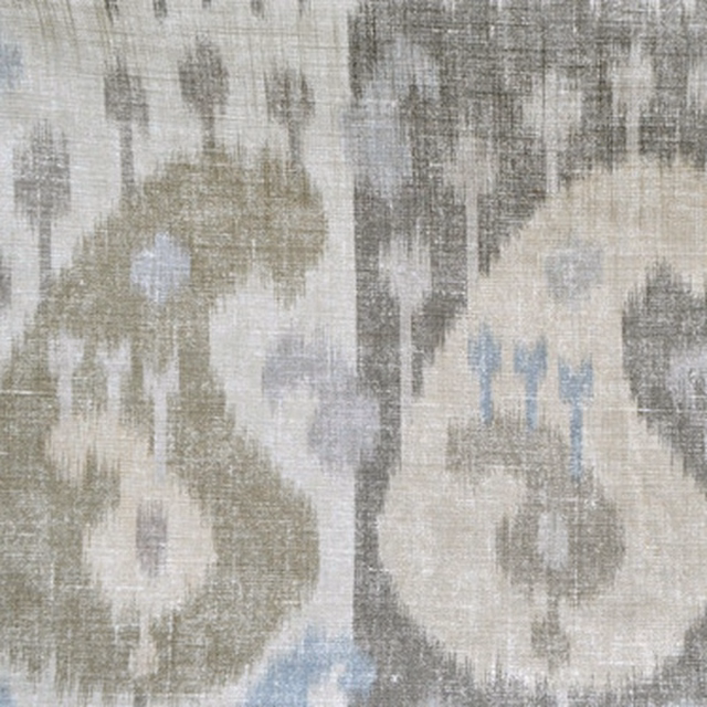 Large-scale oatmeal and olive boteh ikat fabric with a softly woven, linen-like texture