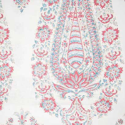 Ivory fabric swatch with large aqua and rose paisley motifs