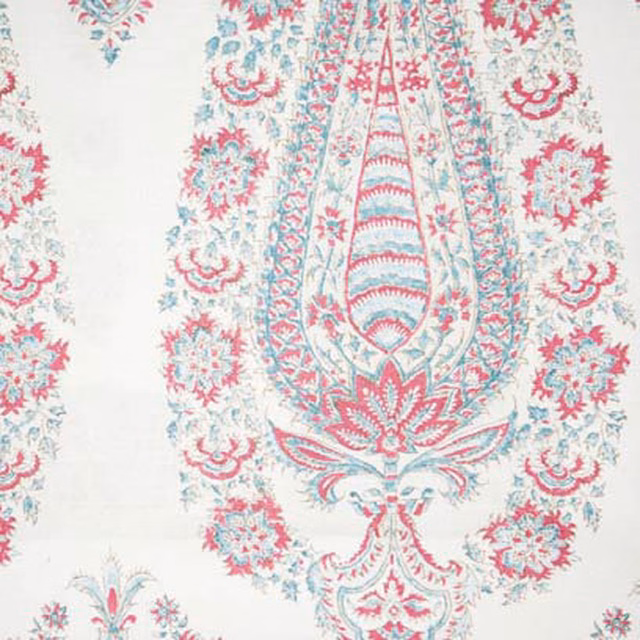 Ivory fabric swatch with large aqua and rose paisley motifs