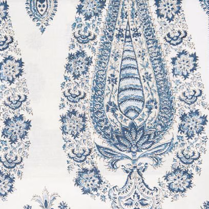 Large indigo-blue ornamental print on an ivory ground