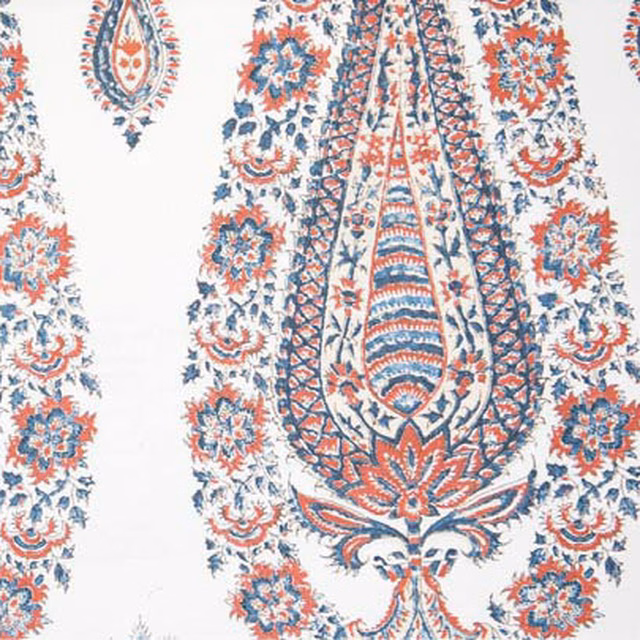 Large indigo and madder paisley-style print on a pale ground