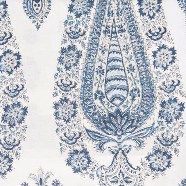 Large indigo-blue ornamental print on an ivory ground