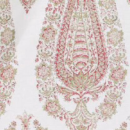 Soft pink and sage ornamental floral fabric on a light ground