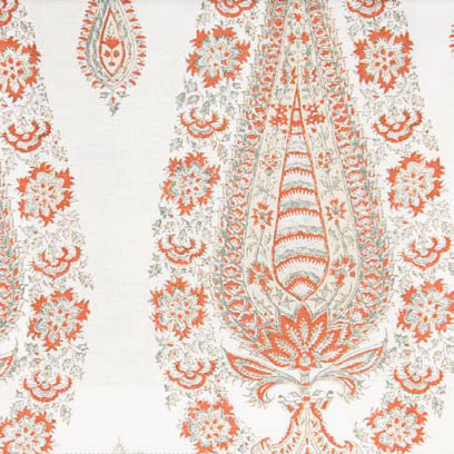 Large botanical fabric print in terracotta and sage on a pale ground