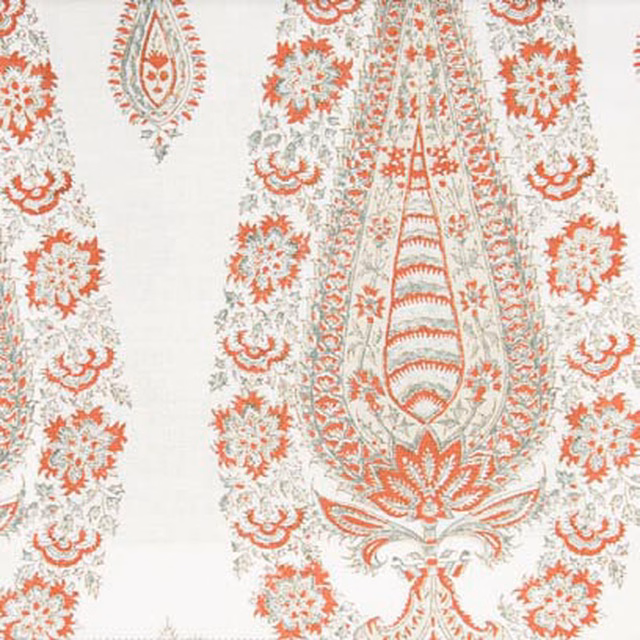 Large botanical fabric print in terracotta and sage on a pale ground