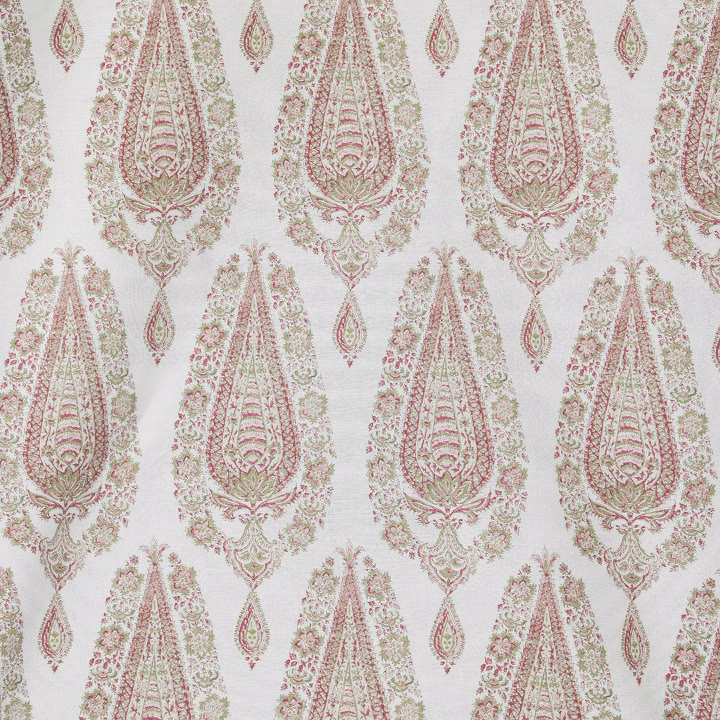 Blush pink and sage paisley fabric with ivory ground and repeating teardrop motifs