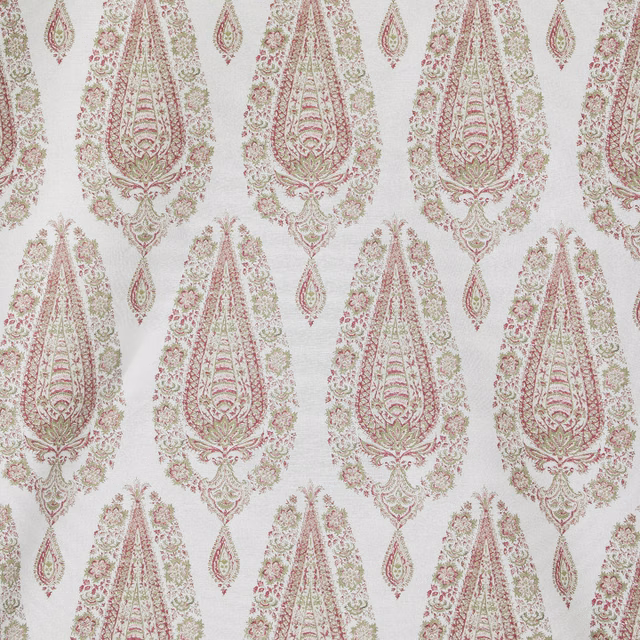Blush pink and sage paisley fabric with ivory ground and repeating teardrop motifs