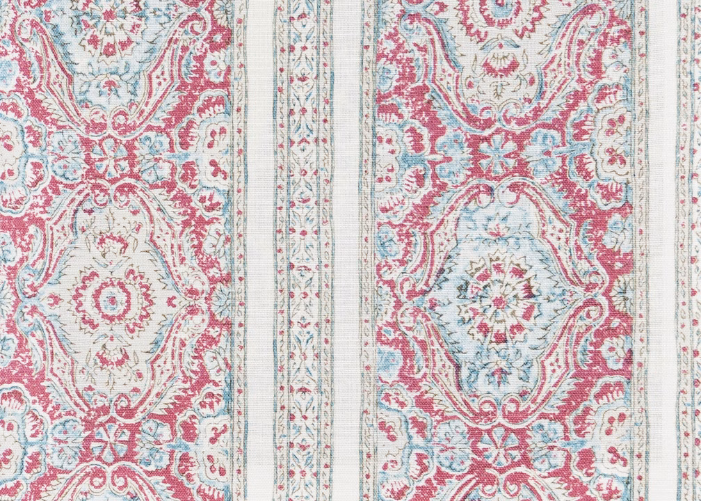 Striped fabric swatch with aqua, rose pink and cream medallions