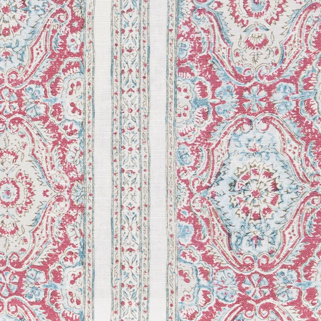 Striped fabric swatch with aqua, rose pink and cream medallions