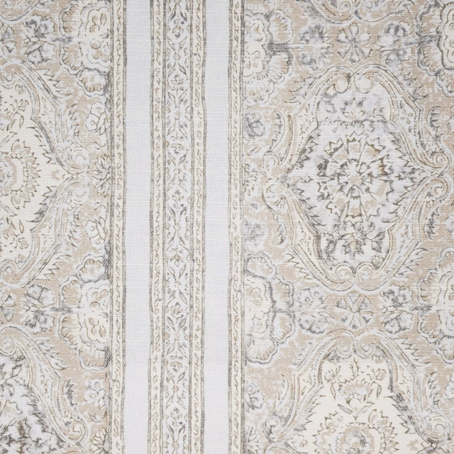 Pale dove and sand striped fabric with ornate woven medallion motifs