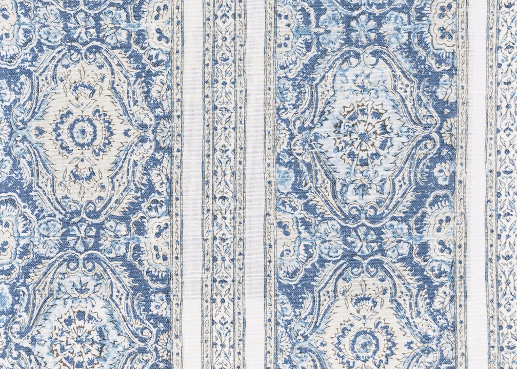 Blue and cream striped fabric with ornate medallions and narrow floral borders