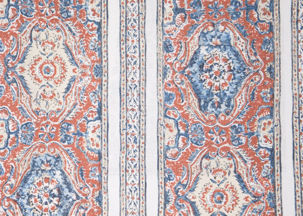 Striped fabric swatch in indigo blue, madder red and ivory with ornate printed panels