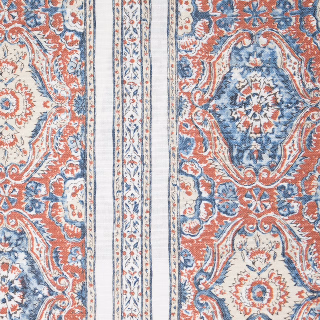 Striped fabric swatch in indigo blue, madder red and ivory with ornate printed panels
