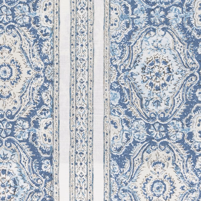 Blue and cream striped fabric with ornate medallions and narrow floral borders