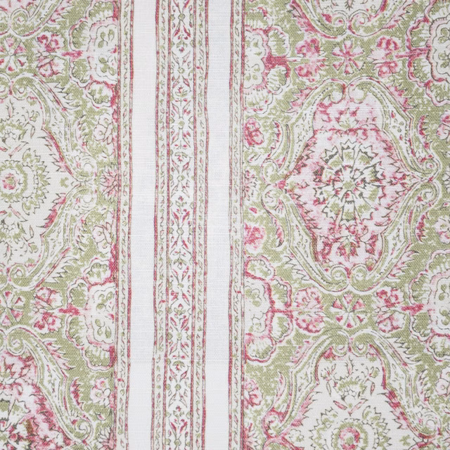 Pink and green striped Kalamkari fabric with ornate medallion motifs on an off-white ground