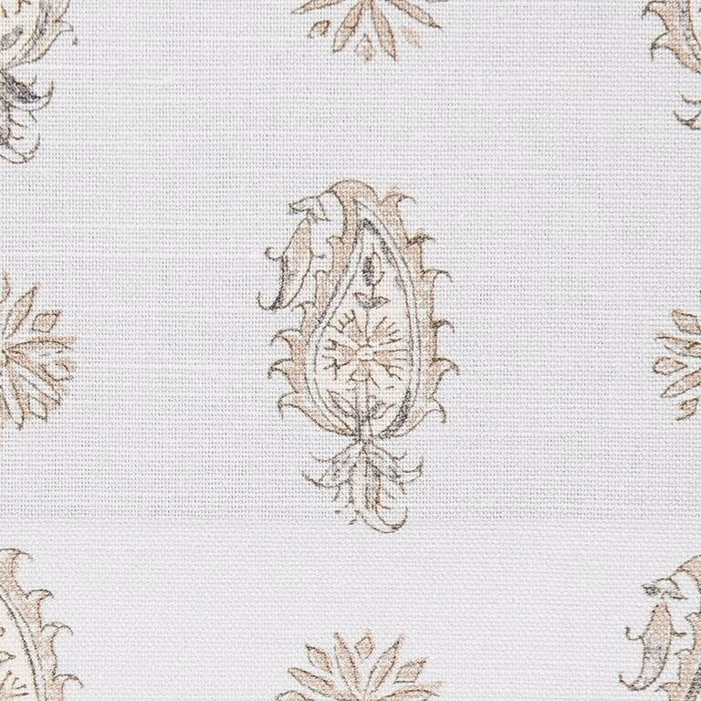 Light cream paisley fabric with taupe outline motif and fine woven texture