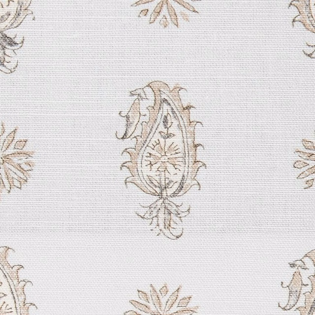 Light cream paisley fabric with taupe outline motif and fine woven texture