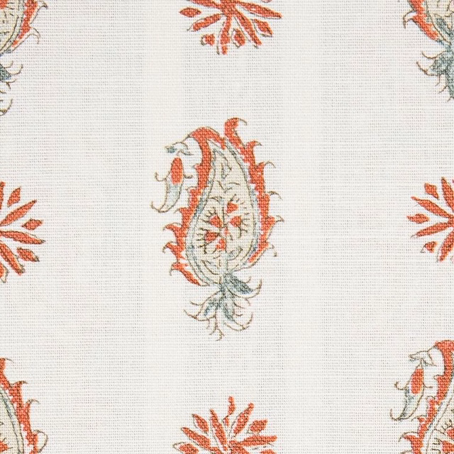 Terracotta and sage paisley motifs on a pale woven fabric ground