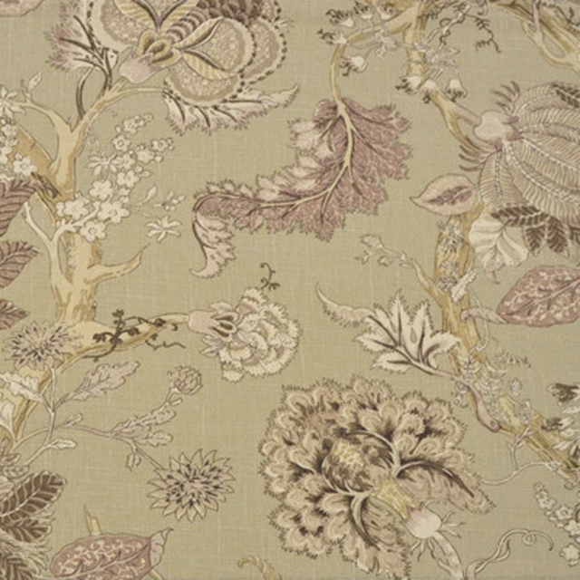 Olive green floral fabric with scrolling leaves and large pale blossoms
