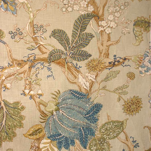 Large botanical fabric swatch on a warm taupe ground with teal and olive leaves