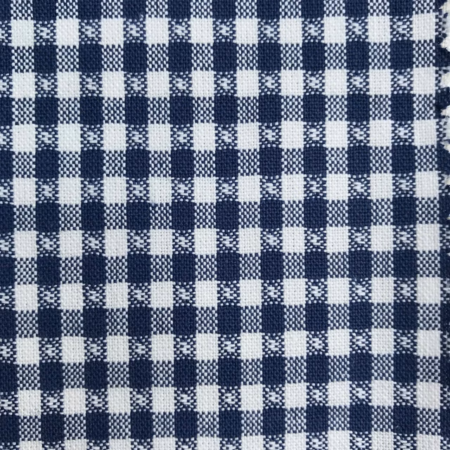Small navy and white checked woven fabric with a textured, nubby surface