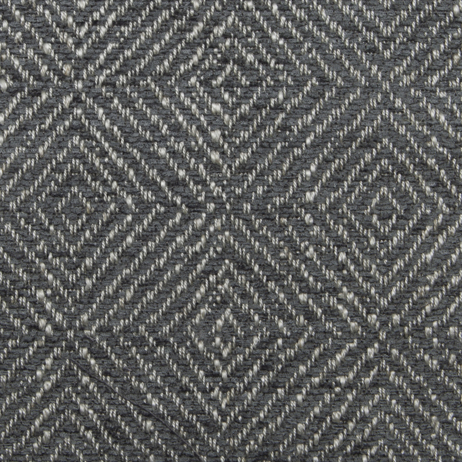 Grey geometric woven fabric swatch with diamond pattern and textured yarns