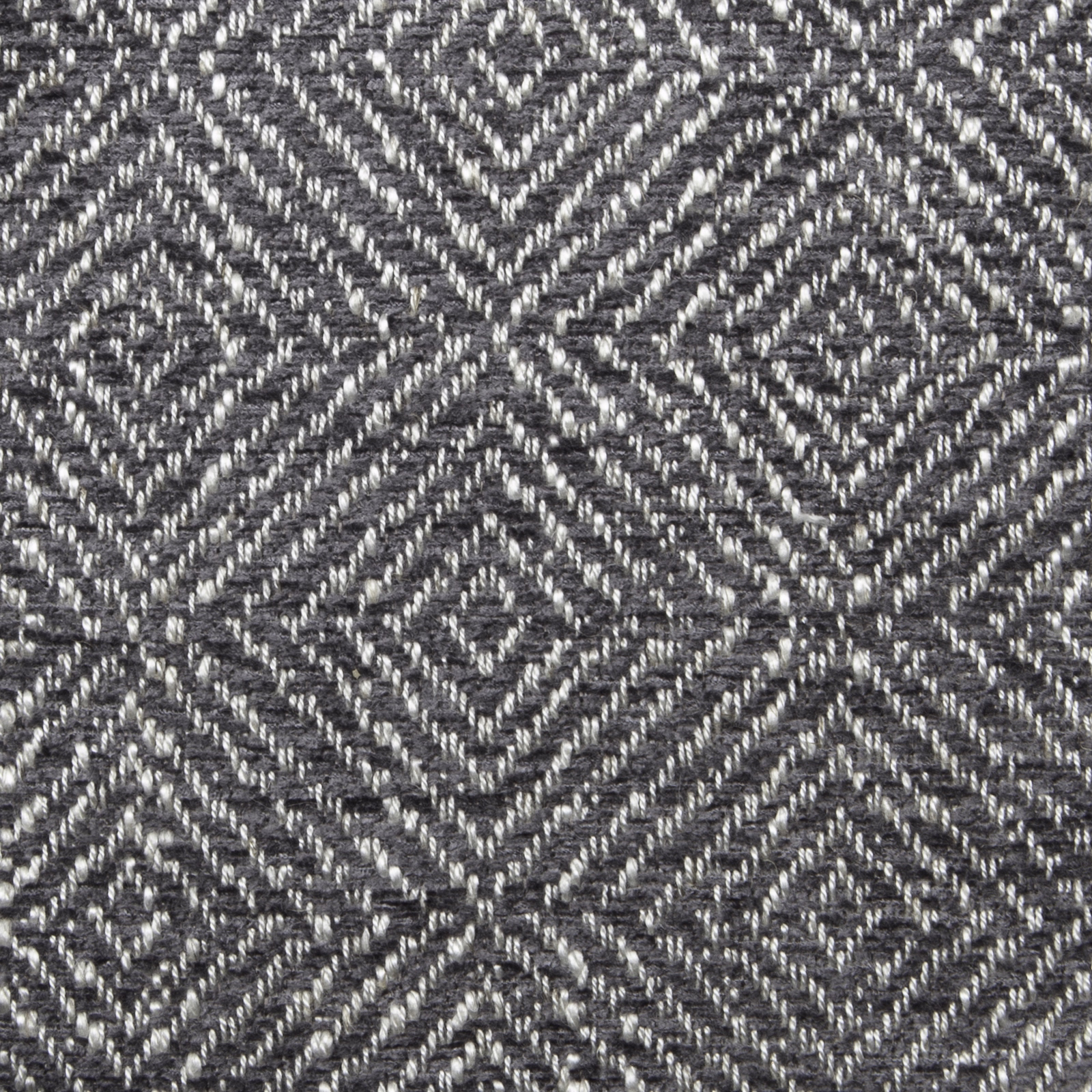 Close-up of slate grey geometric woven fabric with diamond and chevron pattern