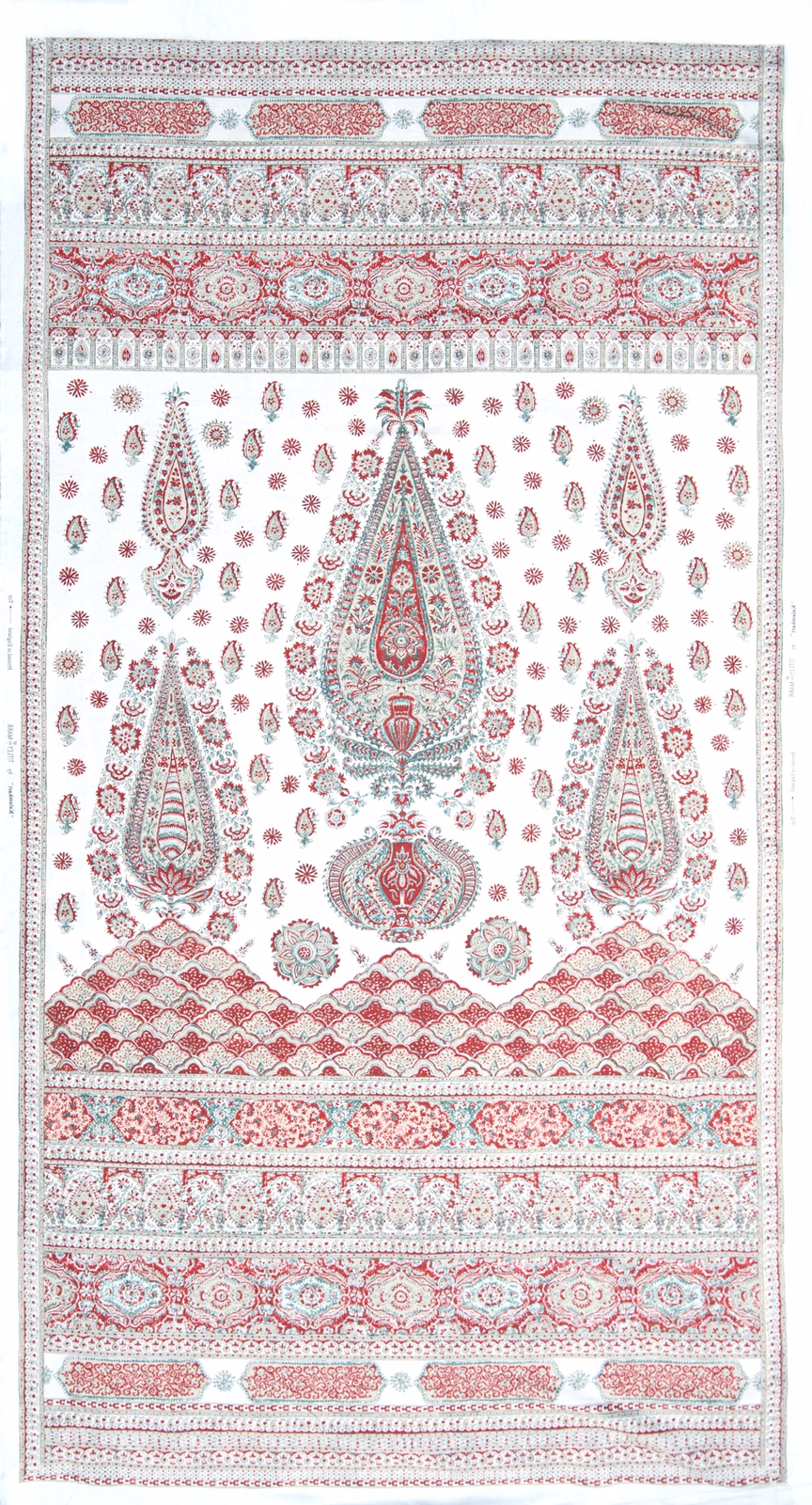 Tall printed textile panel with aqua and rose paisley motifs on a white ground